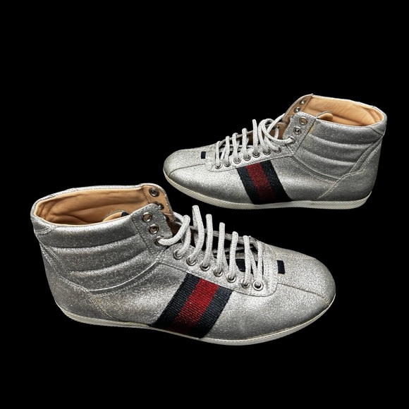 Gucci Bambi Silver Glitter High Top Sneakers 38 Stripe EU Designer Luxury Italy!